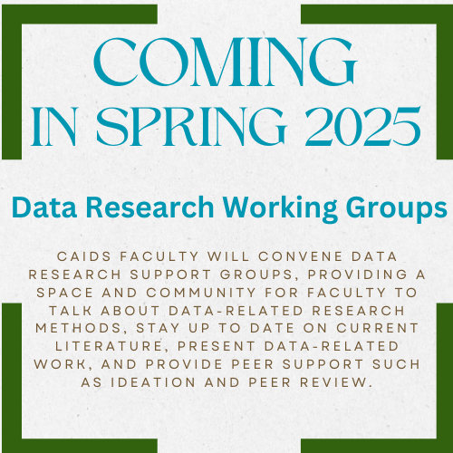 CAIDS Faculty Will Convene data research support groups, providing a space and community for faculty to talk about data-related research methods, stay up to date on current literature, present data-related work, and provide peer support such as ideation and peer review.