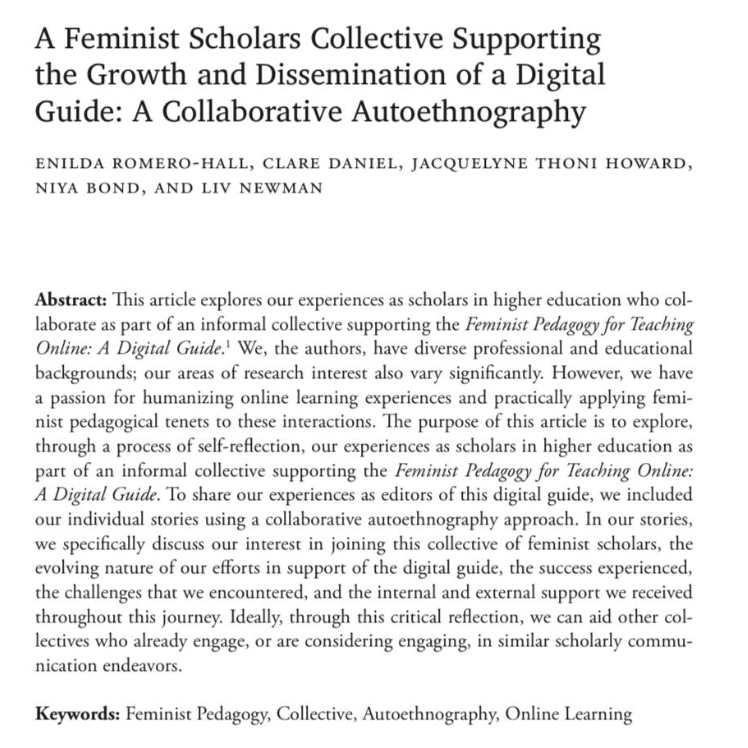 An article titled, “A Feminist Scholars Collective Supporting the Growth and Dissemination of a Digital Guide: A Collaborative Autoethnography”.