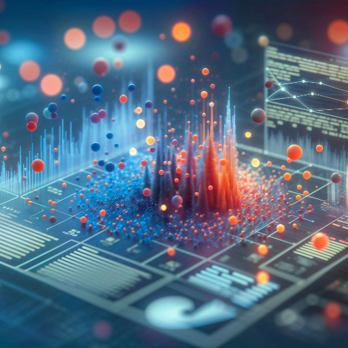 3D graphic: Glowing blue and orange data visualization rising from a dark, grid-like surface.