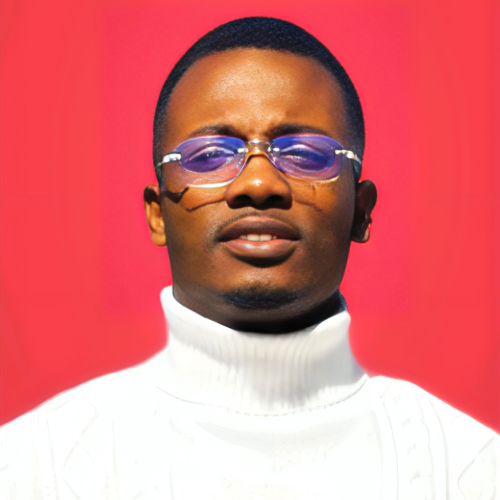 Photograph: Man in white turtleneck and blue-tinted glasses against a red background.