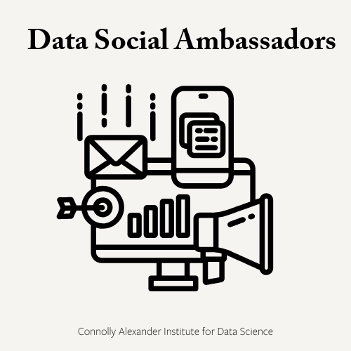 Graphic of a computer, phone, megaphone, and mail icon representing social data communication.